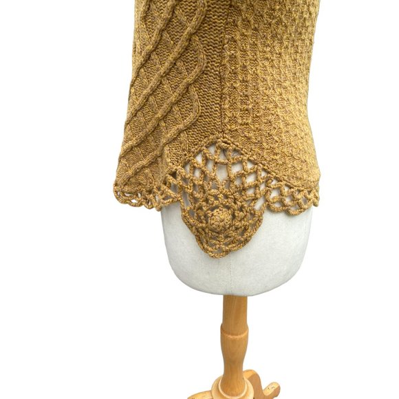 Moth Wool Cable Knit Crochet Asymmetrical Hem Sweater Mustard Artsy Rosette-S - Picture 8 of 16